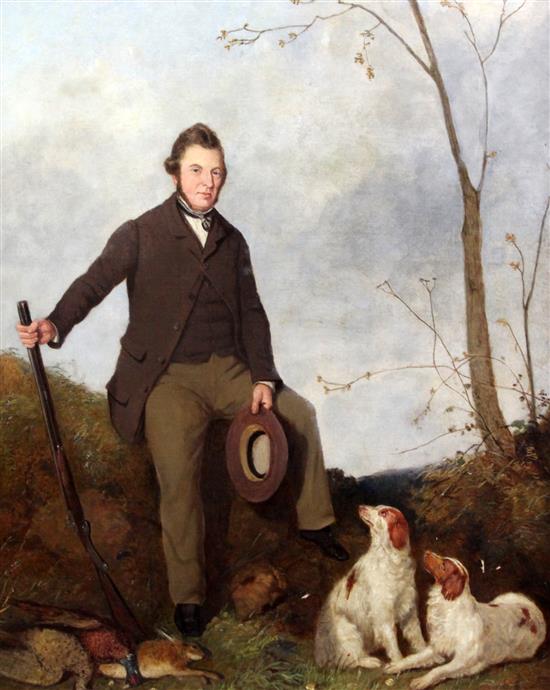 19th century English School Portrait of a gentleman seated in a landscape, with shotgun, game and gun dogs, 29.5 x 24.5in.